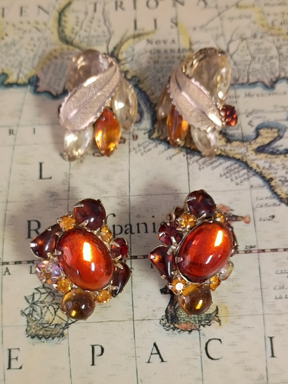 LOT 2 VINTAGE WEISS Jeweled Clip-On Earrings